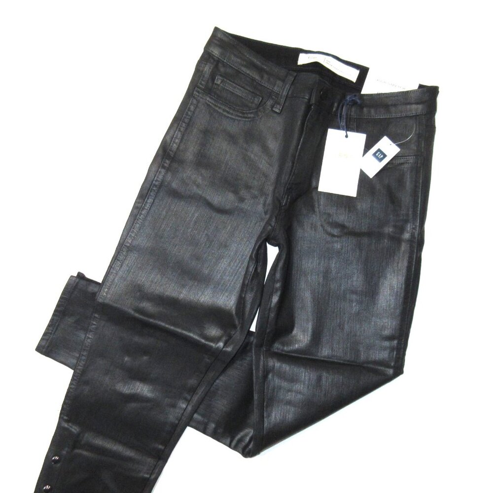 NWT GAP 1969 Inner Cozy Legging in Black Orbit Coated Side Snap Stretch Jeans 27 - Picture 2 of 11